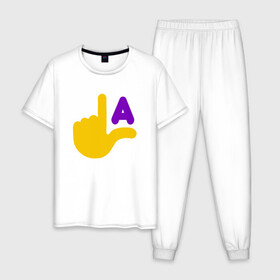Мужская пижама хлопок с принтом LA Lakers в Петрозаводске, 100% хлопок | брюки и футболка прямого кроя, без карманов, на брюках мягкая резинка на поясе и по низу штанин
 | basketball | bryant | game | james | kobe | lakers | lebron | los angeles | nba | sport | streetball | баскетбол | баскетболист | брайант | джеймс | игра | игрок | коби | леброн | лейкерс | лос анджелес | мяч | нба | спорт | стритбол