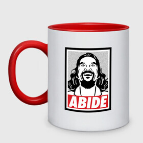 Кружка двухцветная с принтом ABIDE (Большой Лебовски) в Петрозаводске, керамика | объем — 330 мл, диаметр — 80 мм. Цветная ручка и кайма сверху, в некоторых цветах — вся внутренняя часть | Тематика изображения на принте: abide | big | dude | jeff | lebowski | the | большой | лебовски | фильм | чувак