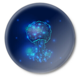 Значок с принтом Медуза на синем в Петрозаводске,  металл | круглая форма, металлическая застежка в виде булавки | Тематика изображения на принте: jellyfish | medusa | жители | медуза | медузы | морские | океан