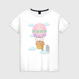 Женская футболка хлопок с принтом кролик и воздушный шар в Петрозаводске, 100% хлопок | прямой крой, круглый вырез горловины, длина до линии бедер, слегка спущенное плечо | воздушный шар | детская иллюстрация | зайчик | зеленый | коробка | кролик | небо | облако | подарки | розовый | сюрприз