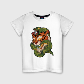 Детская футболка хлопок с принтом Тигр кусает змею в Петрозаводске, 100% хлопок | круглый вырез горловины, полуприлегающий силуэт, длина до линии бедер | битва | змея | кобра | тигр | хищники | яд