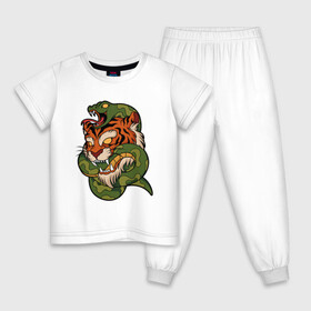 Детская пижама хлопок с принтом Тигр кусает змею в Петрозаводске, 100% хлопок |  брюки и футболка прямого кроя, без карманов, на брюках мягкая резинка на поясе и по низу штанин
 | битва | змея | кобра | тигр | хищники | яд