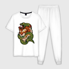 Мужская пижама хлопок с принтом Тигр кусает змею в Петрозаводске, 100% хлопок | брюки и футболка прямого кроя, без карманов, на брюках мягкая резинка на поясе и по низу штанин
 | битва | змея | кобра | тигр | хищники | яд