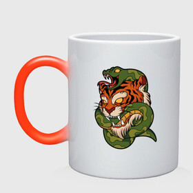 Кружка хамелеон с принтом Тигр кусает змею в Петрозаводске, керамика | меняет цвет при нагревании, емкость 330 мл | битва | змея | кобра | тигр | хищники | яд