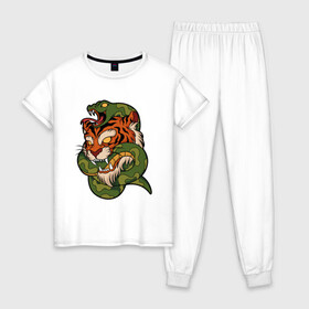 Женская пижама хлопок с принтом Тигр кусает змею в Петрозаводске, 100% хлопок | брюки и футболка прямого кроя, без карманов, на брюках мягкая резинка на поясе и по низу штанин | битва | змея | кобра | тигр | хищники | яд