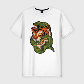 Мужская футболка хлопок Slim с принтом Тигр кусает змею в Петрозаводске, 92% хлопок, 8% лайкра | приталенный силуэт, круглый вырез ворота, длина до линии бедра, короткий рукав | битва | змея | кобра | тигр | хищники | яд