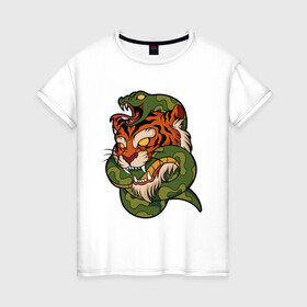 Женская футболка хлопок с принтом Тигр кусает змею в Петрозаводске, 100% хлопок | прямой крой, круглый вырез горловины, длина до линии бедер, слегка спущенное плечо | битва | змея | кобра | тигр | хищники | яд