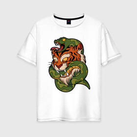 Женская футболка хлопок Oversize с принтом Тигр кусает змею в Петрозаводске, 100% хлопок | свободный крой, круглый ворот, спущенный рукав, длина до линии бедер
 | битва | змея | кобра | тигр | хищники | яд
