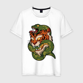 Мужская футболка хлопок с принтом Тигр кусает змею в Петрозаводске, 100% хлопок | прямой крой, круглый вырез горловины, длина до линии бедер, слегка спущенное плечо. | битва | змея | кобра | тигр | хищники | яд