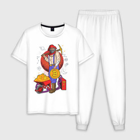 Мужская пижама хлопок с принтом КриптоМайнер в Петрозаводске, 100% хлопок | брюки и футболка прямого кроя, без карманов, на брюках мягкая резинка на поясе и по низу штанин
 | биткоин | деньги | золото | кирка | криптовалюта | майнер | майнинг | старик