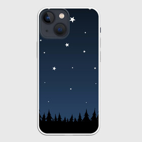 Чехол для iPhone 13 mini с принтом Ночное небо в Петрозаводске,  |  | дерево | деревья | ель | звезда | звёздное небо | звёзды | космос | лес | небо | ночное небо | ночной | ночь | прикольный | простой | рисунок | сосна | таинственный | темнота | темный