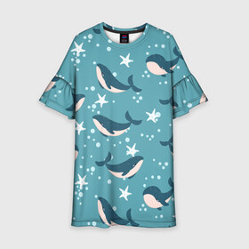 Детское платье 3D с принтом Киты в Петрозаводске, 100% полиэстер | прямой силуэт, чуть расширенный к низу. Круглая горловина, на рукавах — воланы | Тематика изображения на принте: whale | белый кит | кит | киты | морские | паттерн | синий кит