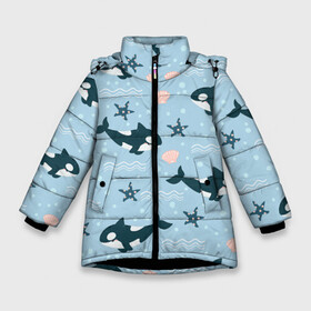 Зимняя куртка для девочек 3D с принтом Косатки киты в Петрозаводске, ткань верха — 100% полиэстер; подклад — 100% полиэстер, утеплитель — 100% полиэстер. | длина ниже бедра, удлиненная спинка, воротник стойка и отстегивающийся капюшон. Есть боковые карманы с листочкой на кнопках, утяжки по низу изделия и внутренний карман на молнии. 

Предусмотрены светоотражающий принт на спинке, радужный светоотражающий элемент на пуллере молнии и на резинке для утяжки. | whale | касатка | кит | киты | косатка | косатки | морские | паттерн