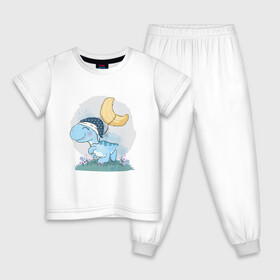 Детская пижама хлопок с принтом Динозаврик  в Петрозаводске, 100% хлопок |  брюки и футболка прямого кроя, без карманов, на брюках мягкая резинка на поясе и по низу штанин
 | динозаврик | лужайка | луна | ночная шапочка | ночник | ночь | сон | цветы
