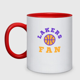 Кружка двухцветная с принтом Lakers Fan в Петрозаводске, керамика | объем — 330 мл, диаметр — 80 мм. Цветная ручка и кайма сверху, в некоторых цветах — вся внутренняя часть | basketball | bryant | game | james | kobe | lakers | lebron | los angeles | nba | sport | streetball | баскетбол | баскетболист | брайант | джеймс | игра | игрок | коби | леброн | лейкерс | лос анджелес | мяч | нба | спорт | стритбол