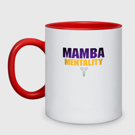 Кружка двухцветная с принтом Mamba Mentality в Петрозаводске, керамика | объем — 330 мл, диаметр — 80 мм. Цветная ручка и кайма сверху, в некоторых цветах — вся внутренняя часть | Тематика изображения на принте: basketball | bryant | game | james | kobe | lakers | lebron | los angeles | nba | sport | streetball | баскетбол | баскетболист | брайант | джеймс | игра | игрок | коби | леброн | лейкерс | лос анджелес | мяч | нба | спорт | стритбол