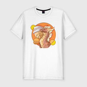 Мужская футболка хлопок Slim с принтом Кофейный дракон в Петрозаводске, 92% хлопок, 8% лайкра | приталенный силуэт, круглый вырез ворота, длина до линии бедра, короткий рукав | дракон | дракон с кофе | коричневый | кофе | оранжевый
