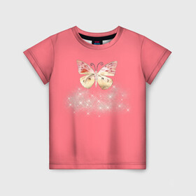 Детская футболка 3D с принтом Блестящая бабочка в Петрозаводске, 100% гипоаллергенный полиэфир | прямой крой, круглый вырез горловины, длина до линии бедер, чуть спущенное плечо, ткань немного тянется | Тематика изображения на принте: insects | pink girls | бабочка | блёстки | опыление | пыльца | розовое