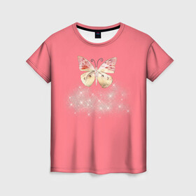 Женская футболка 3D с принтом Блестящая бабочка в Петрозаводске, 100% полиэфир ( синтетическое хлопкоподобное полотно) | прямой крой, круглый вырез горловины, длина до линии бедер | insects | pink girls | бабочка | блёстки | опыление | пыльца | розовое