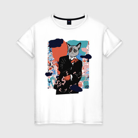 Женская футболка хлопок с принтом Business Cat в Петрозаводске, 100% хлопок | прямой крой, круглый вырез горловины, длина до линии бедер, слегка спущенное плечо | money | бизнес | иллюстрация | киска | кот мем | котик