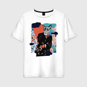 Женская футболка хлопок Oversize с принтом Business Cat в Петрозаводске, 100% хлопок | свободный крой, круглый ворот, спущенный рукав, длина до линии бедер
 | money | бизнес | иллюстрация | киска | кот мем | котик