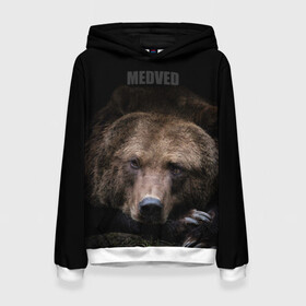 Женская толстовка 3D с принтом Русский MEDVED в Петрозаводске, 100% полиэстер  | двухслойный капюшон со шнурком для регулировки, мягкие манжеты на рукавах и по низу толстовки, спереди карман-кенгуру с мягким внутренним слоем. | животные | звери | медведь | природа | русский медведь | черный