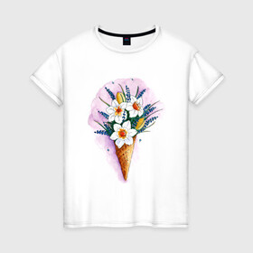 Женская футболка хлопок с принтом Цветы в Петрозаводске, 100% хлопок | прямой крой, круглый вырез горловины, длина до линии бедер, слегка спущенное плечо | акварель | весна | красивые картинки | лето | мороженое | нарциссы | тренд | цветы