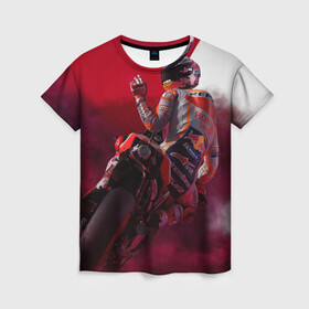 Женская футболка 3D с принтом Парень На Мотоцикле в Петрозаводске, 100% полиэфир ( синтетическое хлопкоподобное полотно) | прямой крой, круглый вырез горловины, длина до линии бедер | мотоцикл | парень | разное | спорт | спортбайк