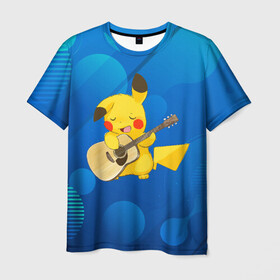 Мужская футболка 3D с принтом Пикачу с гитарой в Петрозаводске, 100% полиэфир | прямой крой, круглый вырез горловины, длина до линии бедер | anime | picachu | pikachu | аниме | милый | пика | пикачу | покебол | покемон