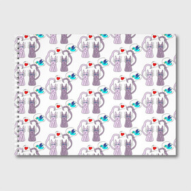 Альбом для рисования с принтом Фиолетовые котики в Петрозаводске, 100% бумага
 | матовая бумага, плотность 200 мг. | Тематика изображения на принте: кошки | любовь | милый | птичка | сердце