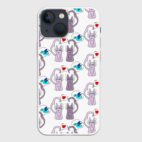 Чехол для iPhone 13 mini с принтом Фиолетовые котики в Петрозаводске,  |  | Тематика изображения на принте: кошки | любовь | милый | птичка | сердце