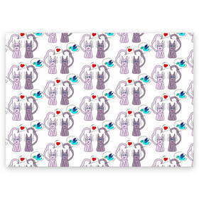 Поздравительная открытка с принтом Фиолетовые котики в Петрозаводске, 100% бумага | плотность бумаги 280 г/м2, матовая, на обратной стороне линовка и место для марки
 | Тематика изображения на принте: кошки | любовь | милый | птичка | сердце