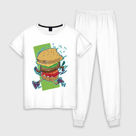 Женская пижама хлопок с принтом Fast Food в Петрозаводске, 100% хлопок | брюки и футболка прямого кроя, без карманов, на брюках мягкая резинка на поясе и по низу штанин | art | burger | cheese | cutlet | fast food | food | hamburger | salad | sandwich | арт | бургер | бутерброд | гамбургер | еда | котлета | салат | сыр | фаст фуд