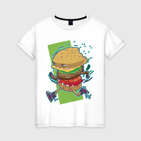 Женская футболка хлопок с принтом Fast Food в Петрозаводске, 100% хлопок | прямой крой, круглый вырез горловины, длина до линии бедер, слегка спущенное плечо | art | burger | cheese | cutlet | fast food | food | hamburger | salad | sandwich | арт | бургер | бутерброд | гамбургер | еда | котлета | салат | сыр | фаст фуд