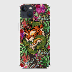 Чехол для iPhone 13 с принтом Тигр кусает змею в Петрозаводске,  |  | битва | змея | кобра | тигр | хищники | яд