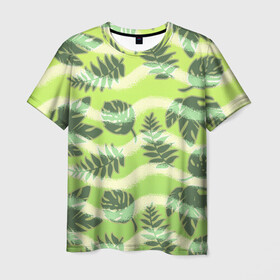 Мужская футболка 3D с принтом Тропический фон в Петрозаводске, 100% полиэфир | прямой крой, круглый вырез горловины, длина до линии бедер | джунгли | зелень | листья | тропики | туристические