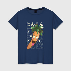 Женская футболка хлопок с принтом Японская кавайная морковка в Петрозаводске, 100% хлопок | прямой крой, круглый вырез горловины, длина до линии бедер, слегка спущенное плечо | anime | art | carrot | carrots | cute | fashion | japan | japanese | kanji | kawaii | manga | vegan | vegetables | алфавит | аниме | арт | в японском стиле | веган | кандзи | манга | милота | морковь | овощ | овощи | смех | японские буквы | япо