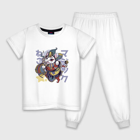 Детская пижама хлопок с принтом Аниме кот Арлекин в Петрозаводске, 100% хлопок |  брюки и футболка прямого кроя, без карманов, на брюках мягкая резинка на поясе и по низу штанин
 | Тематика изображения на принте: anime | art | cat | clown | cute | folklore | harlequin | japan | japanese | kanji | kawaii | kitten | kitty | manga | арт | в японском стиле | кандзи | клоун | котёнок | манга | милота | средневековый кот | фольклор | шут | японские буквы | яп
