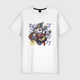 Мужская футболка хлопок Slim с принтом Аниме кот Арлекин в Петрозаводске, 92% хлопок, 8% лайкра | приталенный силуэт, круглый вырез ворота, длина до линии бедра, короткий рукав | Тематика изображения на принте: anime | art | cat | clown | cute | folklore | harlequin | japan | japanese | kanji | kawaii | kitten | kitty | manga | арт | в японском стиле | кандзи | клоун | котёнок | манга | милота | средневековый кот | фольклор | шут | японские буквы | яп