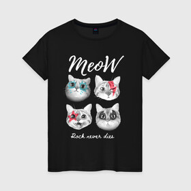 Женская футболка хлопок с принтом РОК КОТЫ в Петрозаводске, 100% хлопок | прямой крой, круглый вырез горловины, длина до линии бедер, слегка спущенное плечо | and | cat | cats | cute | funny | heavy | kitten | kitty | meow | metal | music | n | pet | rock | roll | star | кот | котик | коты | кошка | кошки | крутой | музыка | рок
