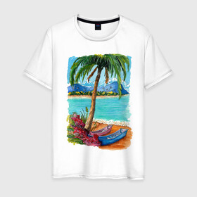 Мужская футболка хлопок с принтом Лето в Петрозаводске, 100% хлопок | прямой крой, круглый вырез горловины, длина до линии бедер, слегка спущенное плечо. | акварель | горы | красивые картинки | лето | лодка | море | пальмы | пляж