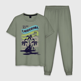 Мужская пижама хлопок с принтом CALIFORNIA BEECH в Петрозаводске, 100% хлопок | брюки и футболка прямого кроя, без карманов, на брюках мягкая резинка на поясе и по низу штанин
 | beech | california | retro | sea | summer | usa | каникулы | лето | море | отдых | пальмы | пляж | ретро | тропики