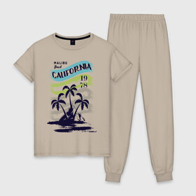 Женская пижама хлопок с принтом CALIFORNIA BEECH в Петрозаводске, 100% хлопок | брюки и футболка прямого кроя, без карманов, на брюках мягкая резинка на поясе и по низу штанин | beech | california | retro | sea | summer | usa | каникулы | лето | море | отдых | пальмы | пляж | ретро | тропики