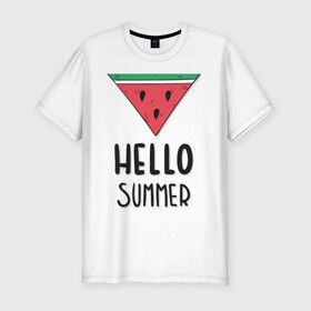Мужская футболка хлопок Slim с принтом HELLO SUMMER в Петрозаводске, 92% хлопок, 8% лайкра | приталенный силуэт, круглый вырез ворота, длина до линии бедра, короткий рукав | funny | happy | hello | icecream | rainbow | romantic | summer | sun | арбуз | веселье | значки | лето | отдых | отпуск | привет | романтика | солнце | счастье | тепло