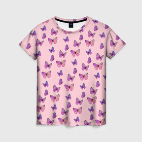 Женская футболка 3D с принтом Бабочки фиолетовые 2 в Петрозаводске, 100% полиэфир ( синтетическое хлопкоподобное полотно) | прямой крой, круглый вырез горловины, длина до линии бедер | бабочка | бабочки | насекомые | нежный | рисунок | роза | сирень | цветочек | цветочный | цветы