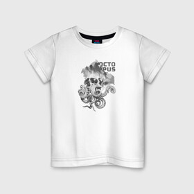 Детская футболка хлопок с принтом OCTOPUS SKULL в Петрозаводске, 100% хлопок | круглый вырез горловины, полуприлегающий силуэт, длина до линии бедер | Тематика изображения на принте: монстр | морской | осьминог | пират | скелет | тату | татуировка | череп | щупальцы