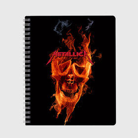 Тетрадь с принтом Metallica Flame в Петрозаводске, 100% бумага | 48 листов, плотность листов — 60 г/м2, плотность картонной обложки — 250 г/м2. Листы скреплены сбоку удобной пружинной спиралью. Уголки страниц и обложки скругленные. Цвет линий — светло-серый
 | american | james hetfield | kirk hammett | metal band | metallica | music | mystic | rock | американская | джеймс хетфилд | металлика | музыка | рок | скилет | череп