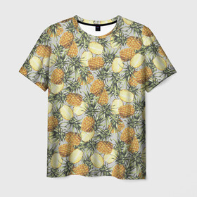 Мужская футболка 3D с принтом ананасы в Петрозаводске, 100% полиэфир | прямой крой, круглый вырез горловины, длина до линии бедер | Тематика изображения на принте: ананас | бесшовный | в разрезе | много ананасов | половинка ананаса | сочный