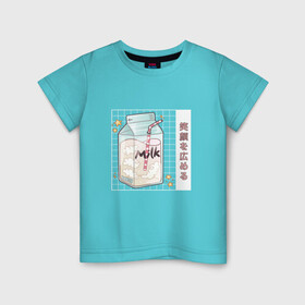 Детская футболка хлопок с принтом Японское кавайное молоко в Петрозаводске, 100% хлопок | круглый вырез горловины, полуприлегающий силуэт, длина до линии бедер | anime | art | carton | cocktail | cute | food | japan | japanese | kanji | kawaii | manga | milk | алфавит | аниме | арт | в японском стиле | звёзды | кандзи | картон | манга | милота | молочный коктейль | облака | стиль токио | японские буквы 