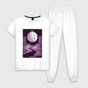 Женская пижама хлопок с принтом Карты ТАРО | Пейзаж с луной в Петрозаводске, 100% хлопок | брюки и футболка прямого кроя, без карманов, на брюках мягкая резинка на поясе и по низу штанин | Тематика изображения на принте: 17 век | esoteric | moon | moonlight | moonshine | night | tarot card | башни | гадание | живая луна | замок | затмение | звёздная ночь | звёздное небо | звёзды | карта таро | кристаллы | луна | лунный свет | пейзаж | полумесяц